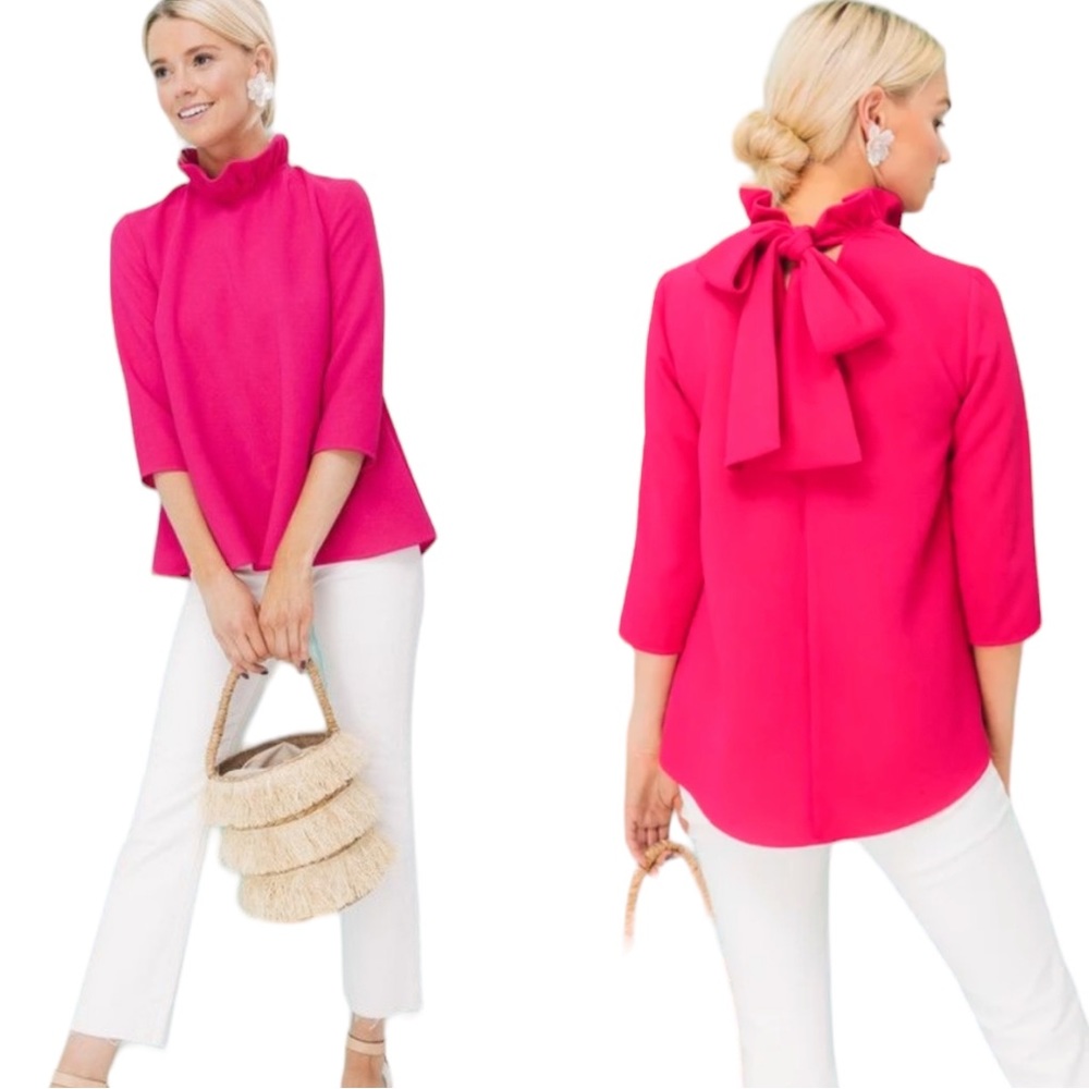 Tuckernuck Pomander Place Faye Fuchsia Pink Crepe Ruffled Neck Bow Top - XS